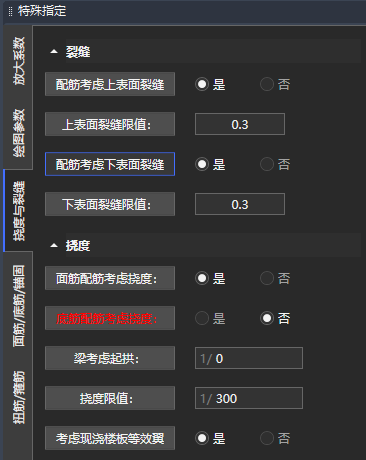 单独指定配筋参数 · 挠度与裂缝